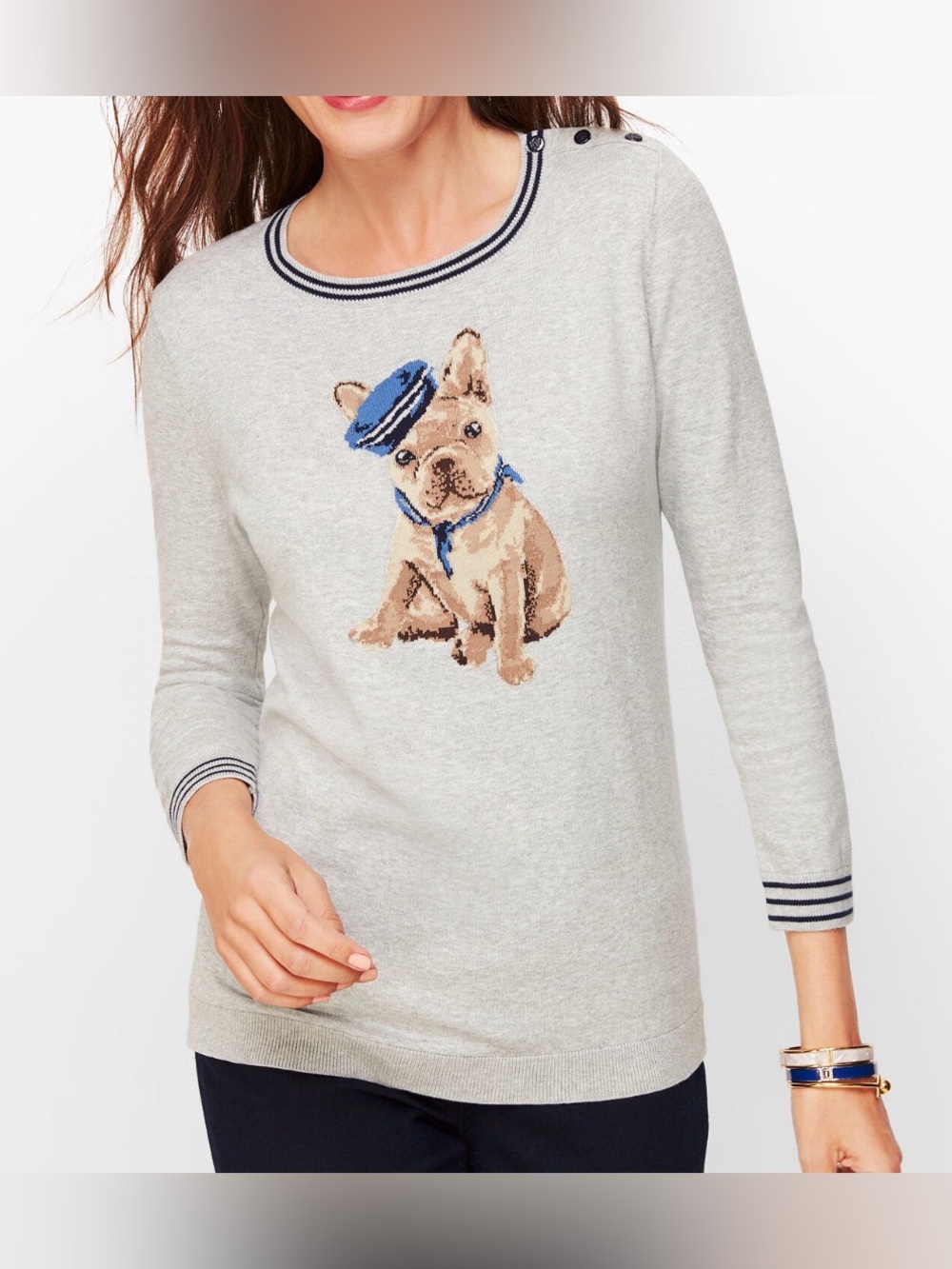Talbots FRENCHIE DOG SWEATER women medium gray bulldog‎ puppy cotton coastal